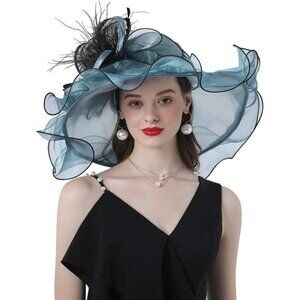 Women Hats Headband Hairpin Organza Fascinator Dark Blue Grey